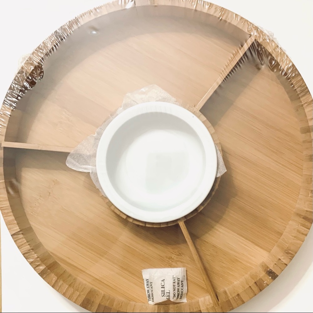 NWT Wood Divider Plate, White Ceramic Dipping Bowl